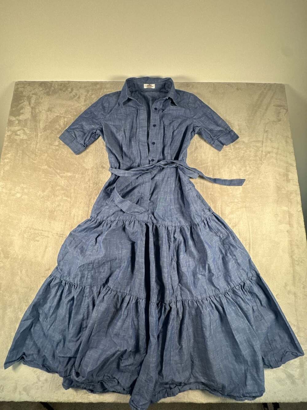 Calvin Klein Tiered Chambray Shirt Dress Blue Denim